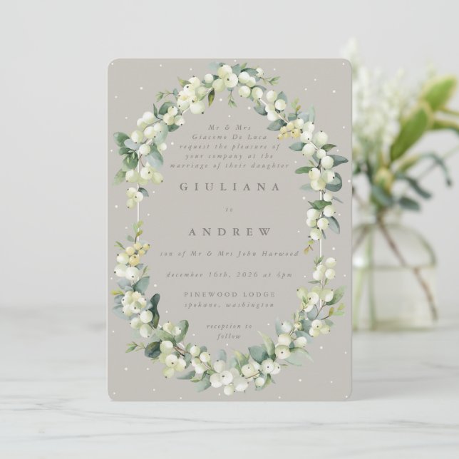 Convite Casamento Formal Greige/Taupe Snowberry+Eucalyptus (Em pé/Frente)