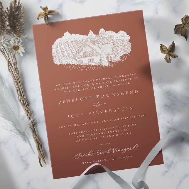Convite Casamento Formal Laranja De Desenho Elegante (Burnt orange formal wedding invitation with an illustration of a vineyard)