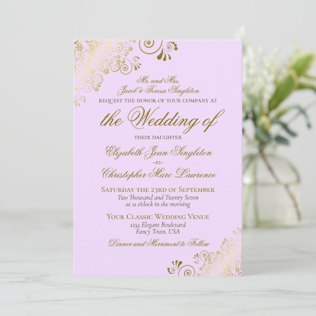 Convite Casamento Formal Lilac Purple e Clássico Dourado (Em pé/Frente)