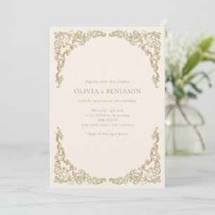 Convite Casamento Formal Marfim com Trabalho em Ouro Adorn