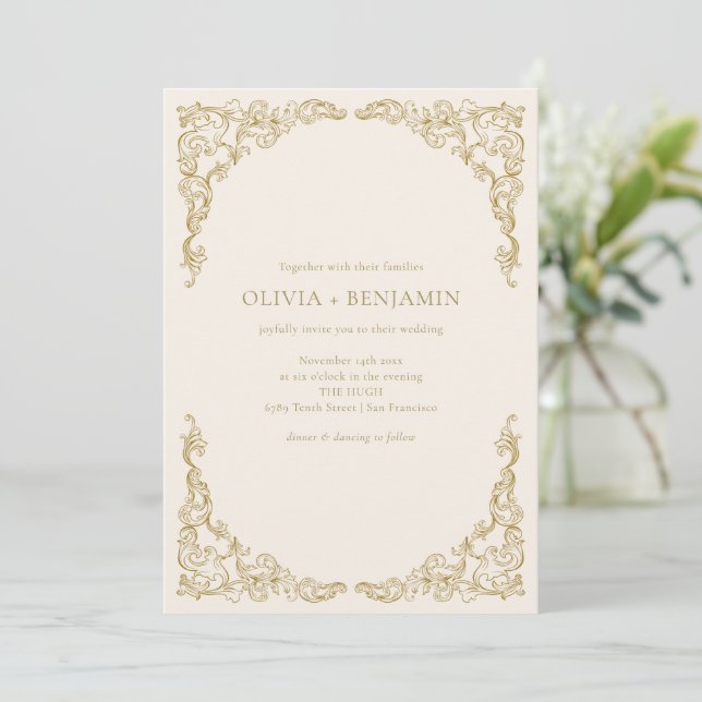 Convite Casamento Formal Marfim com Trabalho em Ouro Adorn (Em pé/Frente)