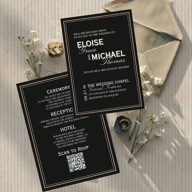 Convite Casamento Formal Minimalista Gravata Preta (Minimalist Black Tie Formal Wedding Invitation)