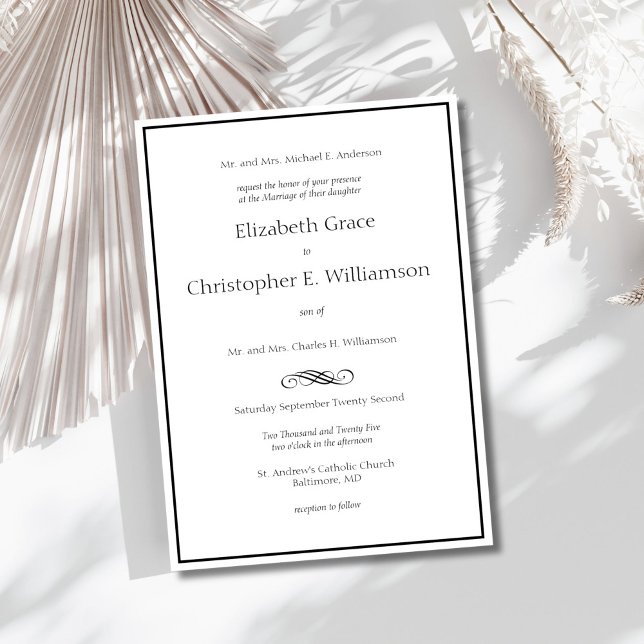 Convite Casamento Formal Mínimo Moderno da Fronteira Branc (Black border minimalist traditional classic formal, both parents elegant wedding invitation)