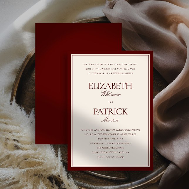 Convite Casamento Formal Moderno Clássico com Profundo Bur (deep burgundy wedding invitation quiet luxury old money double frame formal modern classic parents)