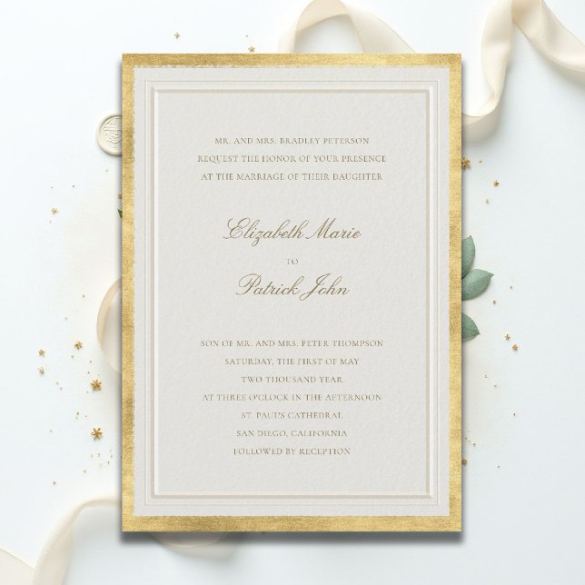 Convite Casamento Formal Moderno Clássico Elegante Dourado (formal traditional wedding invitation modern classic double frame gold ballroom black tie ecru)