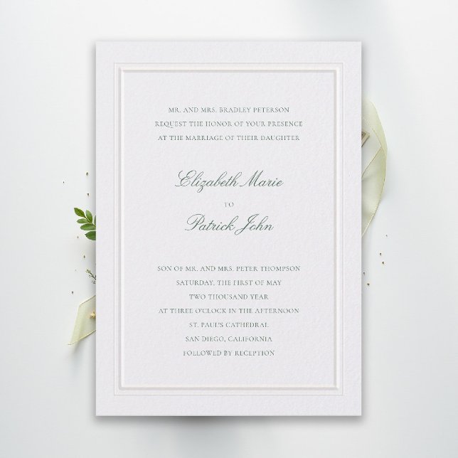 Convite Casamento Formal Moderno Clássico Elegante Pérola  (modern classic wedding invitation forest green type double frame pearl formal traditional stately)