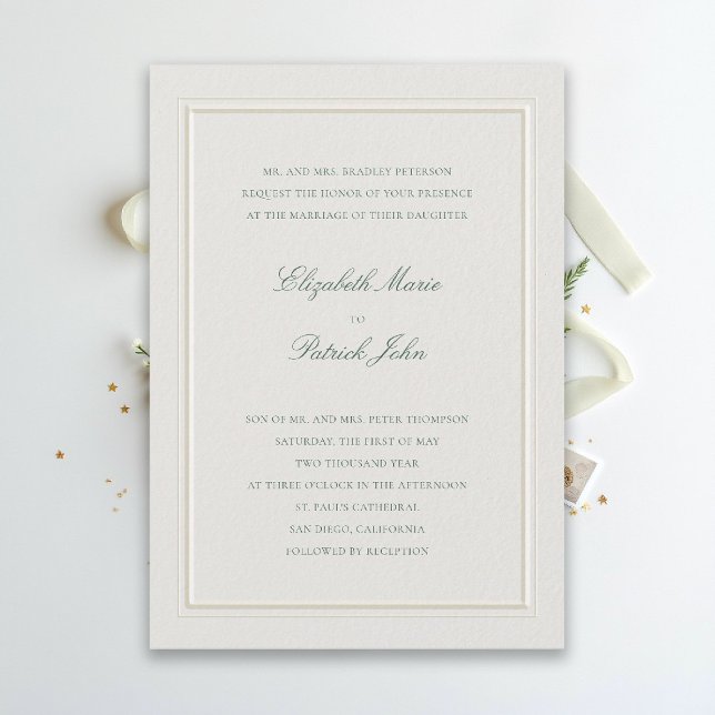 Convite Casamento Formal Moderno Clássico Elegante Verde E (modern classic wedding invitation forest green type double frame ecru formal traditional stately)