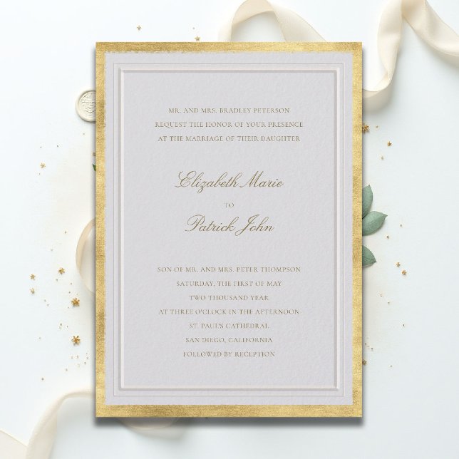 Convite Casamento Formal Moderno Clássico Elevado Dourado  (formal traditional wedding invitation modern classic double frame gold ballroom black tie ivory)