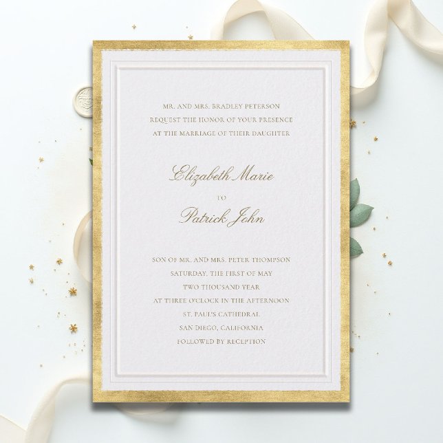 Convite Casamento Formal Moderno Clássico Elevado Pérola D (formal traditional wedding invitation modern classic double frame gold pearl white ballroom tux)
