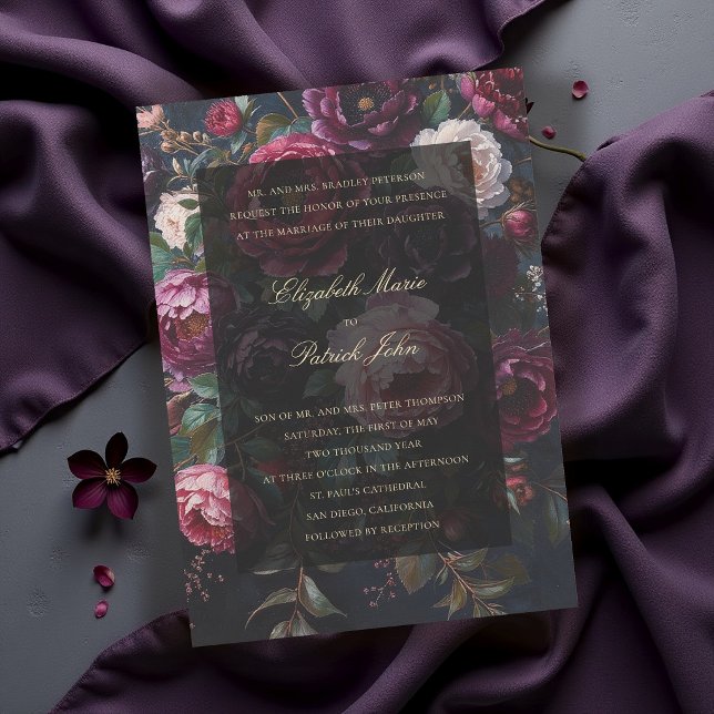 Convite Casamento Formal Moderno Clássico Romântico Sombri (burgundy wedding invitation moody dark painterly frame parents host elegant modern classic romantic)