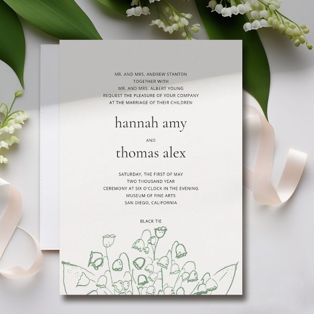 Convite Casamento Formal Moderno de Lily Valley (lily of the valley wedding invitation formal modern elegant green floral sketch fine art romantic)