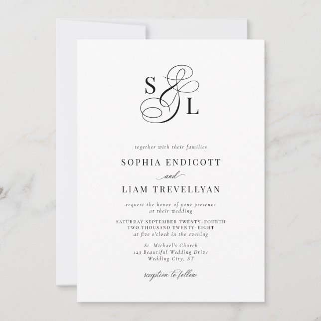Convite Casamento Formal Monograma de Letra Elegante (Frente)