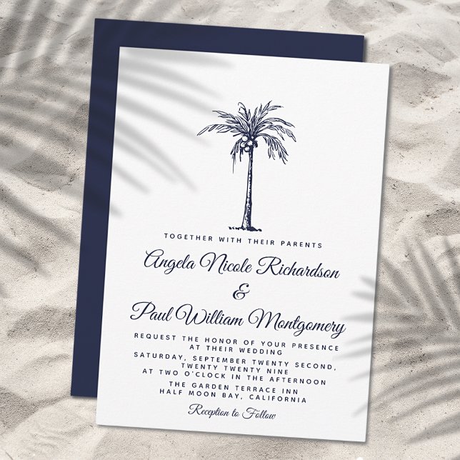 Convite Casamento Formal na Praia com Palmeira Azul Marinh (Criador carregado)