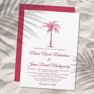 Convite Casamento Formal na Praia com Palmeira Magenta Ele