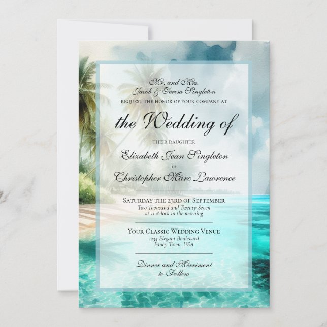 Convite Casamento Formal na Praia Tropical com Palmeiras (Frente)