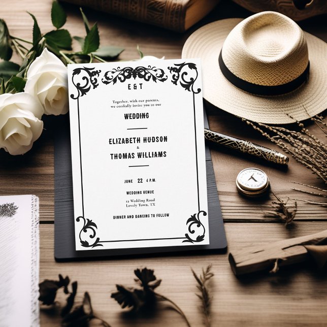 Convite Casamento Formal Negro Mínimo do Oeste (country western black white wedding invitation vintage frame elegant formal rustic ranch barn classy)