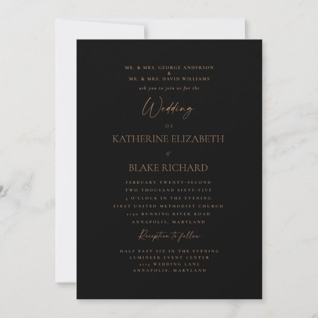 Convite Casamento Formal Pais Texto Preto Dourado (Frente)