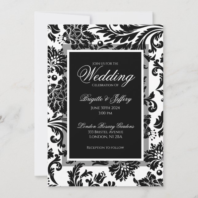 Convite Casamento formal personalizado de damasco preto e  (Frente)