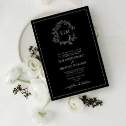 Convite Casamento Formal Preto Branco Folha Branca Crest M