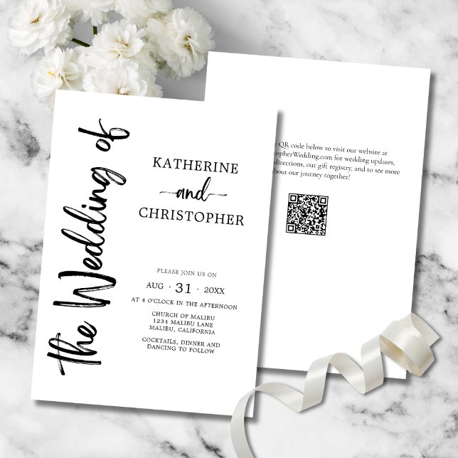 Convite Casamento Formal Preto de Script Negro e Branco El (Elegant  Bold Black & White Script Wedding Invitation with Vertical Calligraphy, QR Code.)