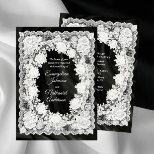 Convite Casamento Formal Preto e Branco de Rosas em Renda