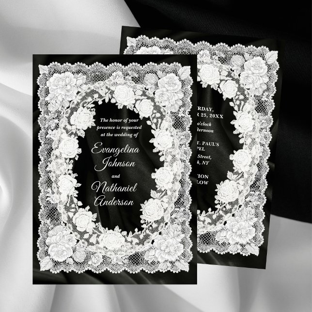 Convite Casamento Formal Preto e Branco de Rosas em Renda  (Criador carregado)