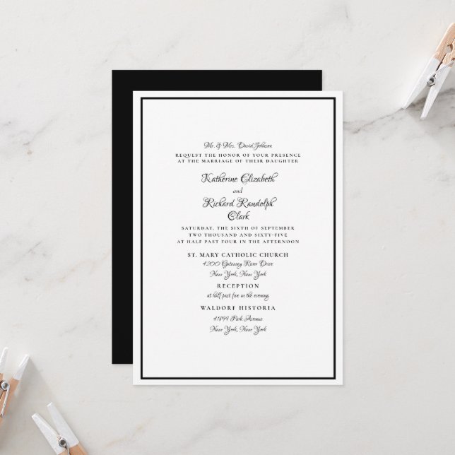 Convite Casamento Formal Preto e Branco Escrito Elegante (Frente/Verso In Situ)