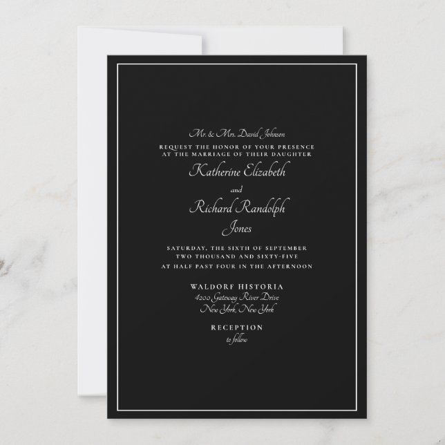 Convite Casamento Formal Preto Pais em um Local  (Frente)