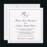Convite Casamento Formal Real do Monograma Púrpura<br><div class="desc">Convite de casamento clássico e quadrado clássico com um simples design com seu monograma inicial e seus nomes em um dentro de caligrafia roxo elegante de uma fronteira fina. A parte de trás é roxa sólida. Esta design clássica é perfeita para um casamento formal no outono/outono.</div>
