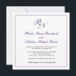 Convite Casamento Formal Real do Monograma Púrpura<br><div class="desc">Convite de casamento clássico e quadrado clássico com um simples design com seu monograma inicial e seus nomes em um dentro de caligrafia roxo elegante de uma fronteira fina. A parte de trás é roxa sólida. Esta design clássica é perfeita para um casamento formal no outono/outono.</div>