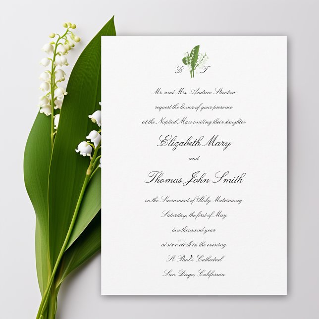 Convite Casamento Formal Religioso de Lily Valley (lily of the valley wedding invitation formal traditional calligraphy monograms religious catholic)