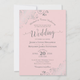 Convite Casamento Formal Rosa-Rosa-Blush Elegante Lace Sil