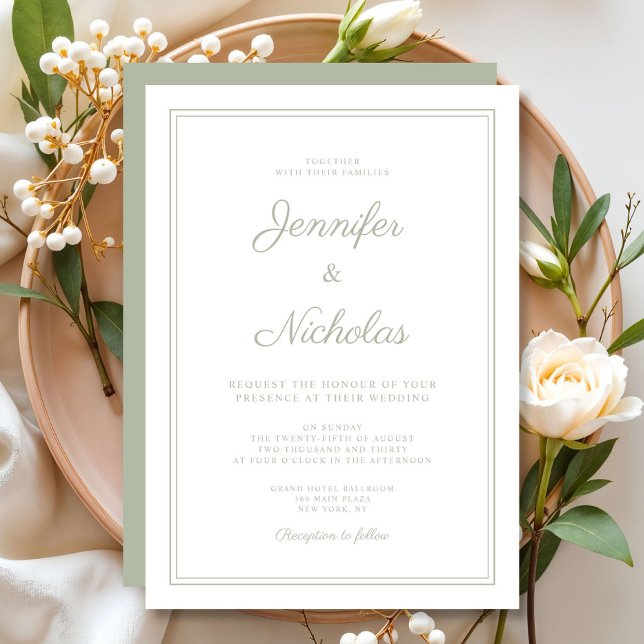 Convite Casamento Formal Sage Green Script (Elegant Formal Sage Green Script Wedding Invitation)