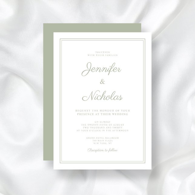 Convite Casamento Formal Sage Green Script (Elegant Formal Sage Green Script Wedding Invitation)
