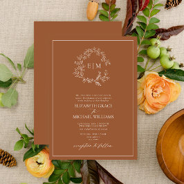 Convite Casamento Formal Terracotta Leafy Crest Monograma