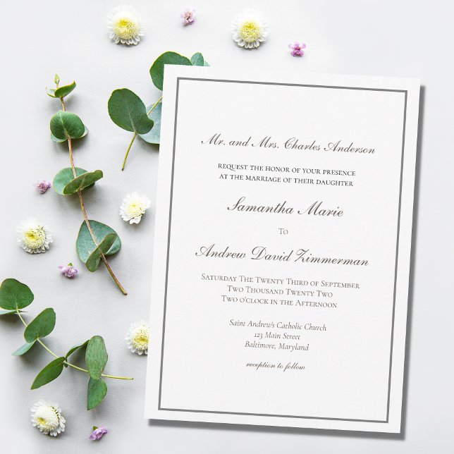 Convite Casamento Formal Tradicional Cinza Prata Elegante  (Criador carregado)