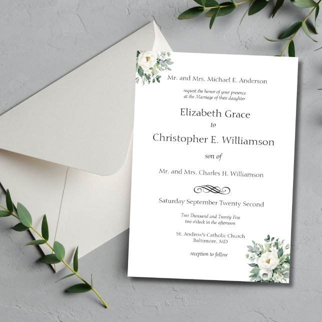 Convite Casamento Formal Tradicional com Flores Brancas e  (White Floral Greenery Wedding Invitation Elegant Traditional Formal Classic Grooms parents names)