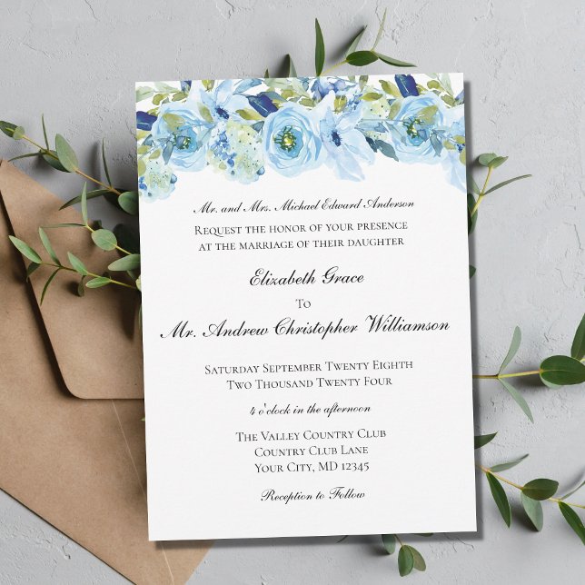Convite Casamento Formal Tradicional Floral Azul Elegante (Criador carregado)