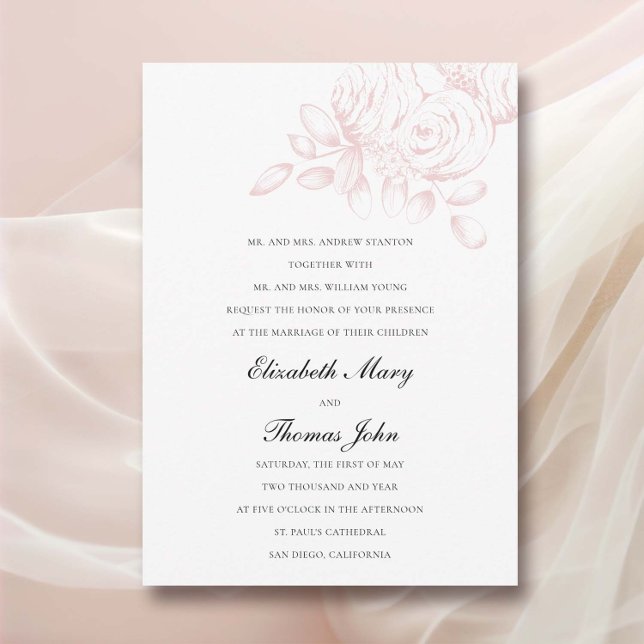 Convite Casamento Formal Tradicional Pink Blush Sketch Pin (peony wedding invitation formal traditional parents name floral sketch pink blush classic romantic)