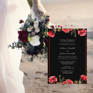 Convite Casamento Formal Vermelho Floral Negro
