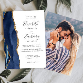 Convite Casamento Foto Ágata Azul Dourado Moderno