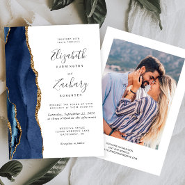 Convite Casamento Foto Ágata Azul Dourado Moderno
