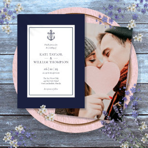 Convite Casamento Foto Âncora Azul Naval e Branco
