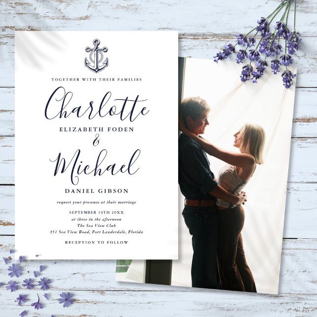 Convite Casamento Foto Âncora Náutica Roteiro Azul Marinho (Navy Blue Script Nautical Anchor Photo Wedding Invitation)
