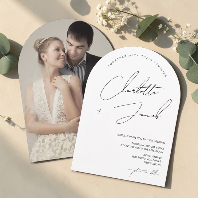 Convite Casamento Foto Arco Script Minimalista Preto Branc (Modern, minimalist script typography with photo, wedding invitation. black and white aesthetic.)