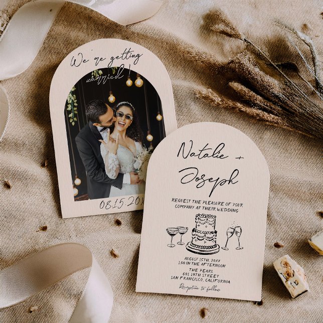 Convite Casamento Foto Arqueada Desenhada à Mão Retro (Criador carregado)