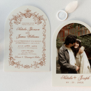 Convite Casamento Foto Arqueada Laranja Queimada Retro Din