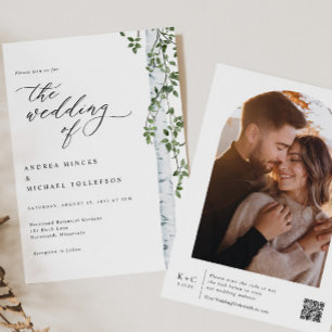 Convite Casamento Foto Boho Árvore de Bétula Elegante