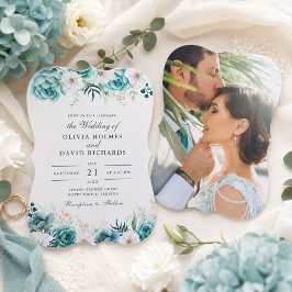 Convite Casamento Foto Casal Flores Silvestres Azul Claro
