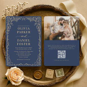 Convite Casamento Foto Código QR Azul Naval Dourado Elegan